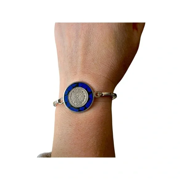 .925 Sterling Silver Taxco Bracelet – Aztec Calendar & Blue Lapis Inlay - Picture 2 of 8